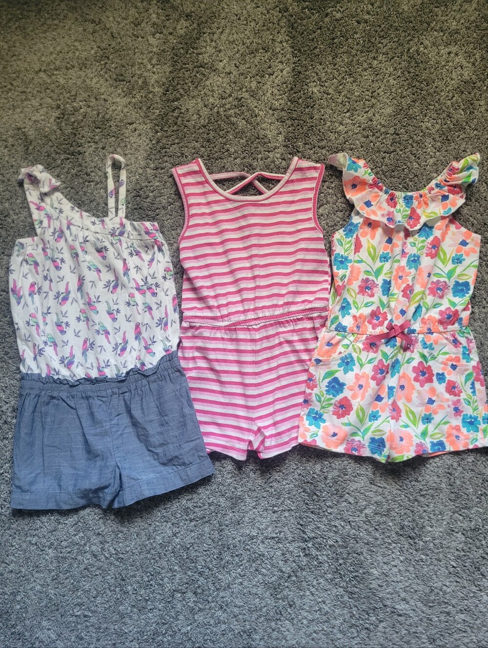Girls' Summer Romper Bundle - Pink Stripes + Hawiian+ Tropical Size 5T